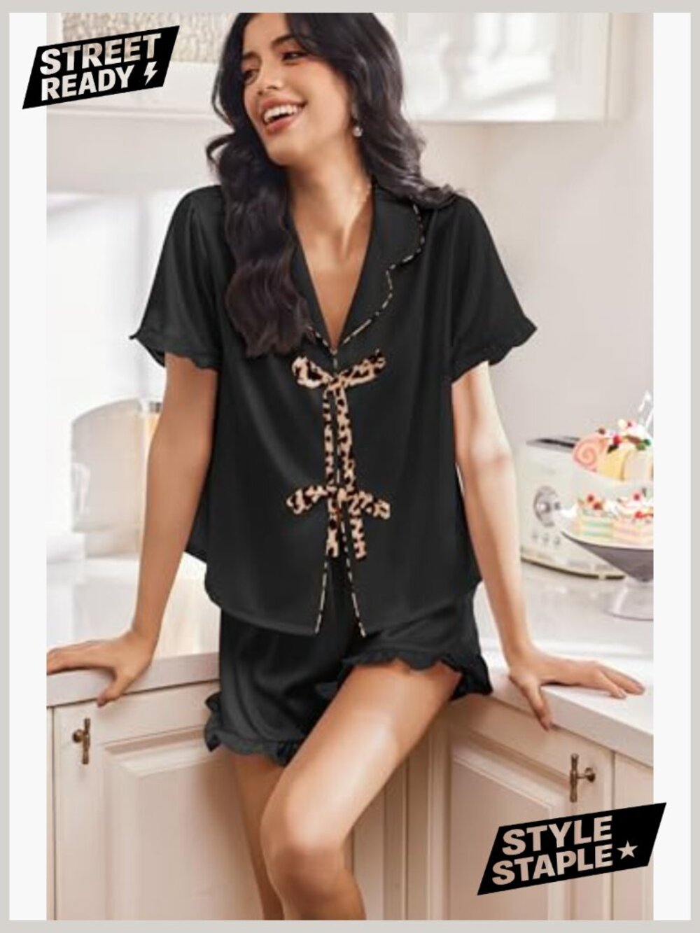 Short Sleeve Bow Tie Pajama Set - Silky Satin Pj Shorts Loungewear - Picture 2 of 7